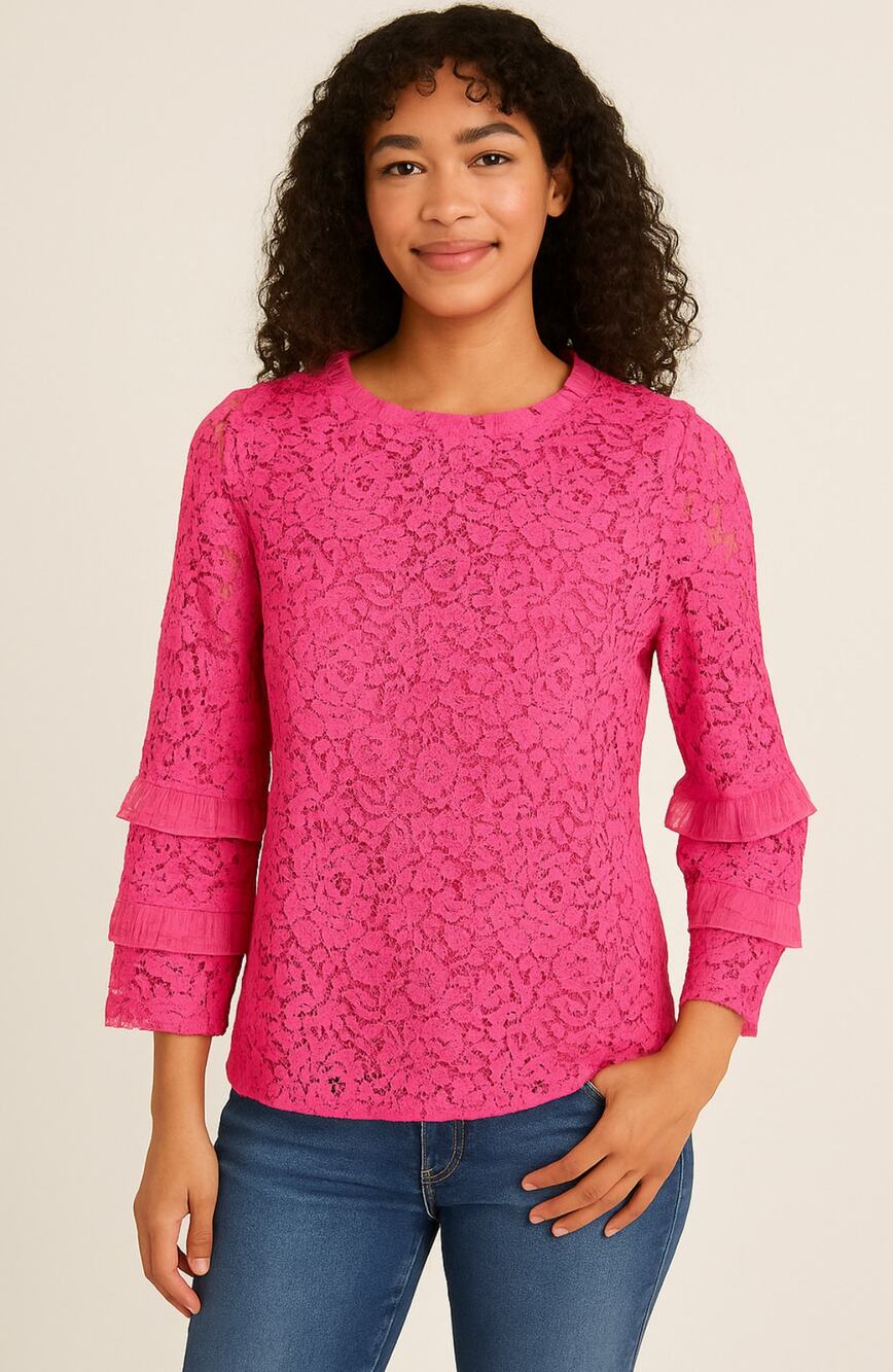J.Crew Womens XS Pink Floral Lace Top Ruffle Sleeve Reimagined Collection